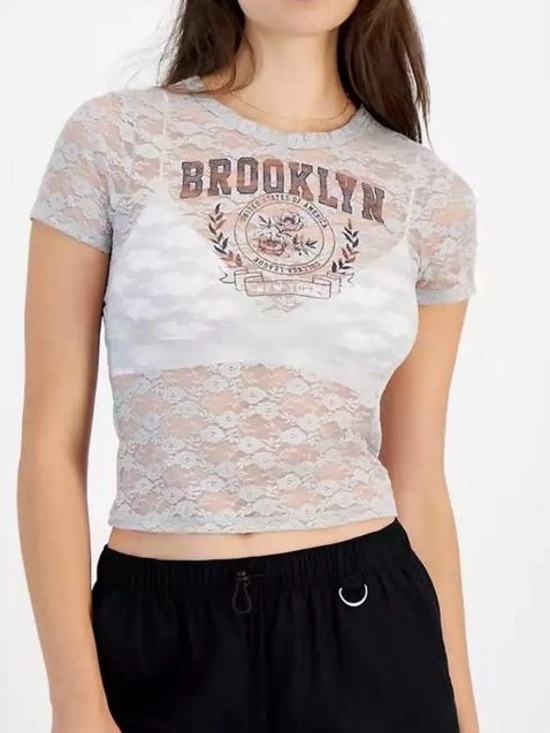 ultra flirt Tops - Ultra Flirt Juniors' Graphic Lace Baby Tee Size Large Brooklyn‎ Sheer